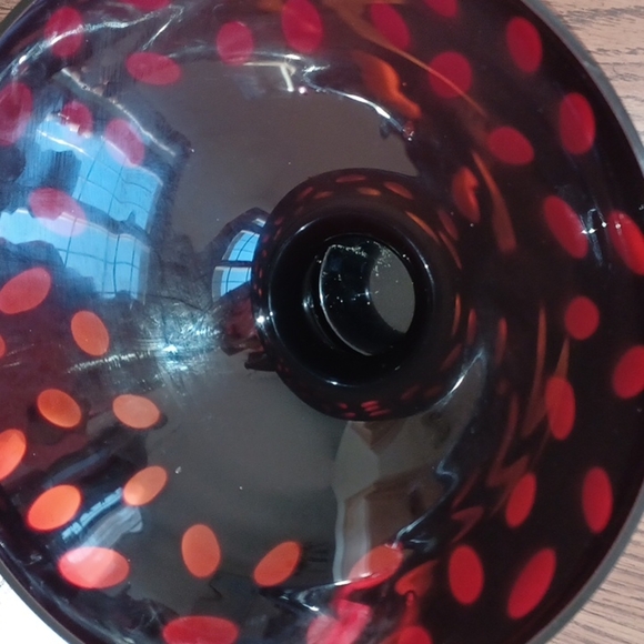 Red glass pedestal fruit bowl, approx 11" dia, 7" tall, etched ovals - Picture 3 of 7